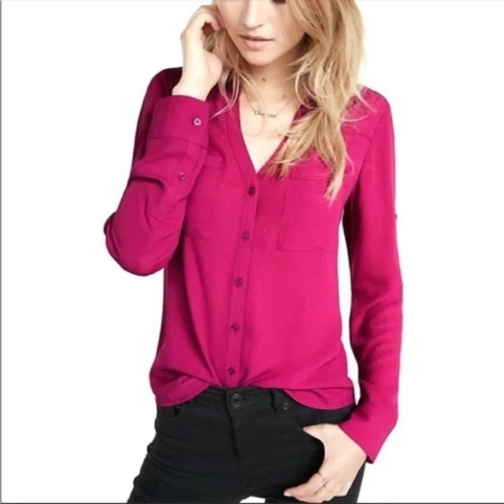EXPRESS sz M Portofino Bright Hot Pink Sheer Button Down Roll Tab Blouse Top